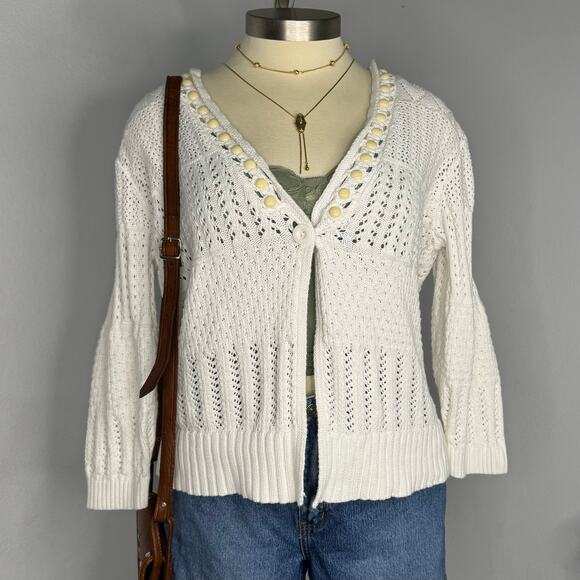 Cottagecore White Knit One Button Cardigan Sweater Large MJ Collection - Picture 1 of 7